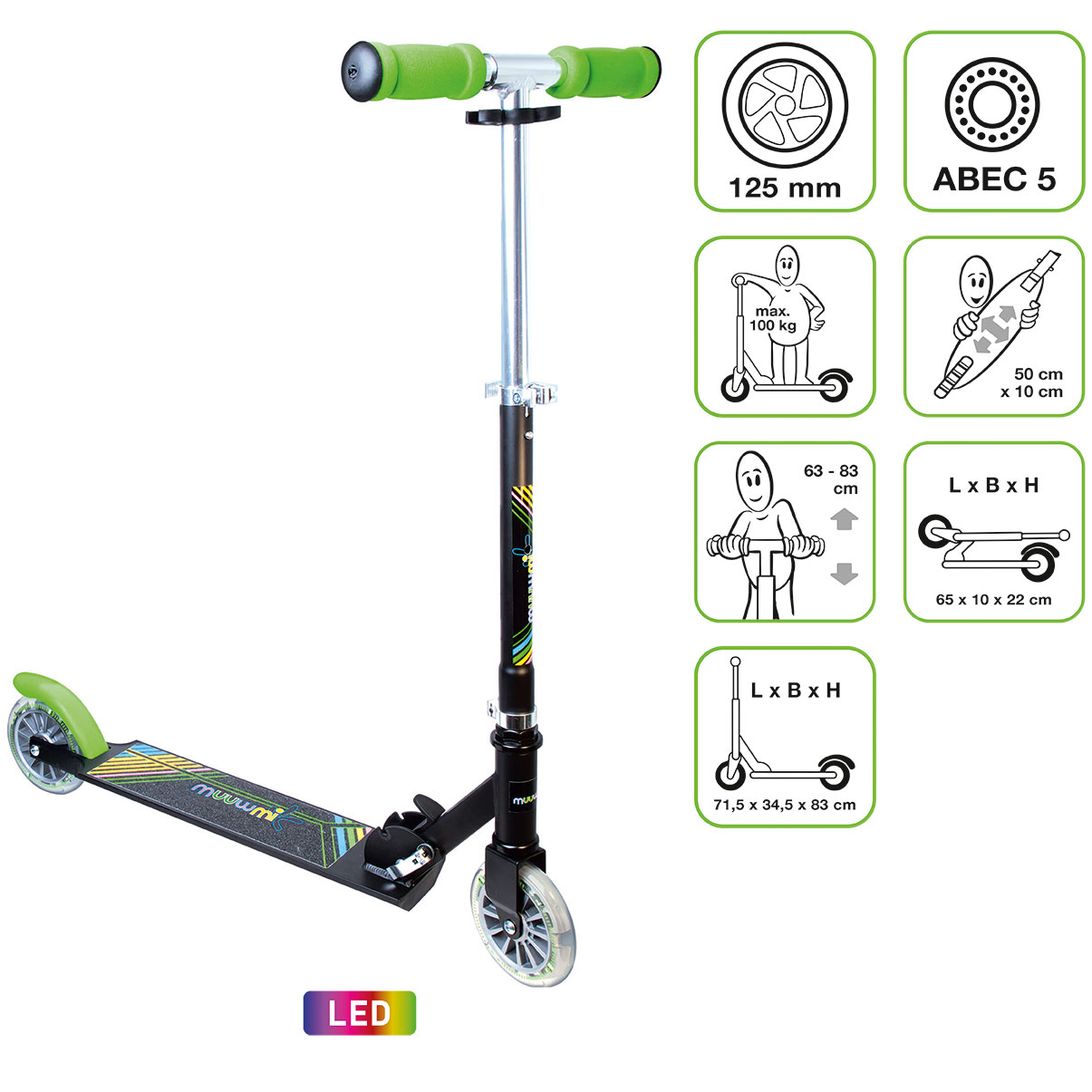 nero/verde colore con rotelle Authentic Sports & Toys GmbH muuwmi Alluminio Scooter Neon 125 mm 